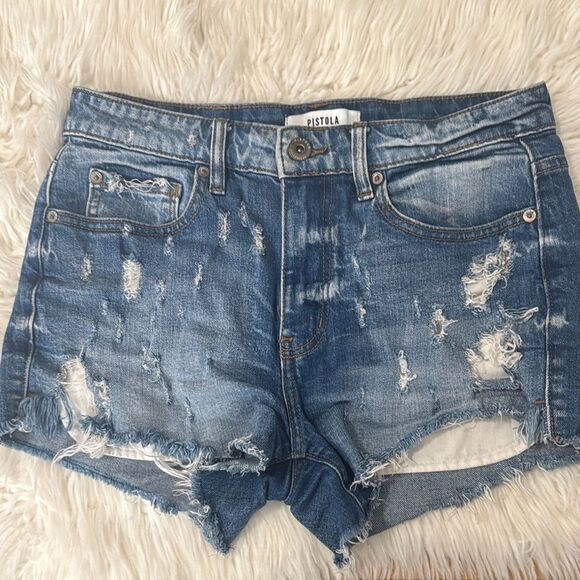 Pistola Blue Distressed Jean Shorts Raw Hem Size 26 - Picture 3 of 12
